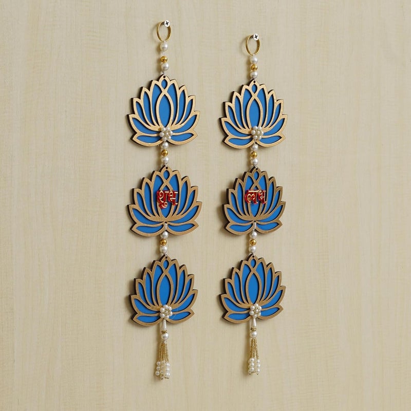 Webelkart Blue Lotus Flower with Shubh Labh Wall Hanging for Diwali Decoration| Wall Decor |Temple Decor Wall Hanging Home and Office Decor (Wood Set of 2) 16" Inches - Image 2