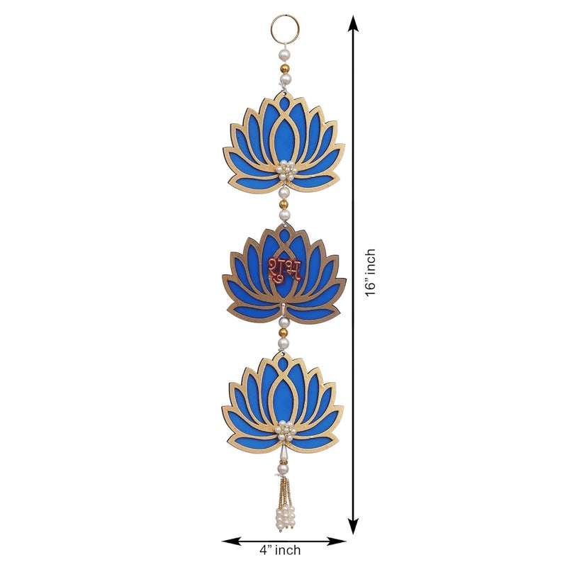 Webelkart Blue Lotus Flower with Shubh Labh Wall Hanging for Diwali Decoration| Wall Decor |Temple Decor Wall Hanging Home and Office Decor (Wood Set of 2) 16" Inches - Image 3