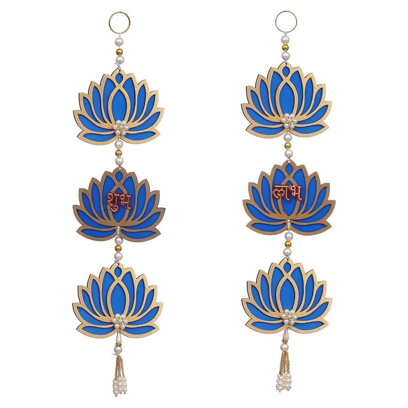 Webelkart Blue Lotus Flower with Shubh Labh Wall Hanging for Diwali Decoration| Wall Decor |Temple Decor Wall Hanging Home and Office Decor (Wood Set of 2) 16" Inches - Image 4