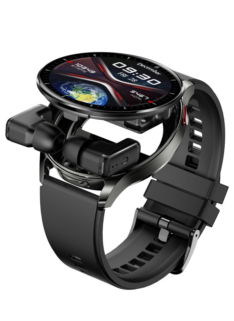 porodo - Pulse Smart Watch Black dial with Earbuds and Black Leather Band - Image 1