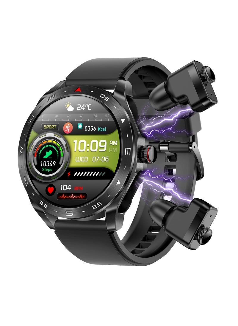 porodo - Pulse Smart Watch Black dial with Earbuds and Black Leather Band - Image 1