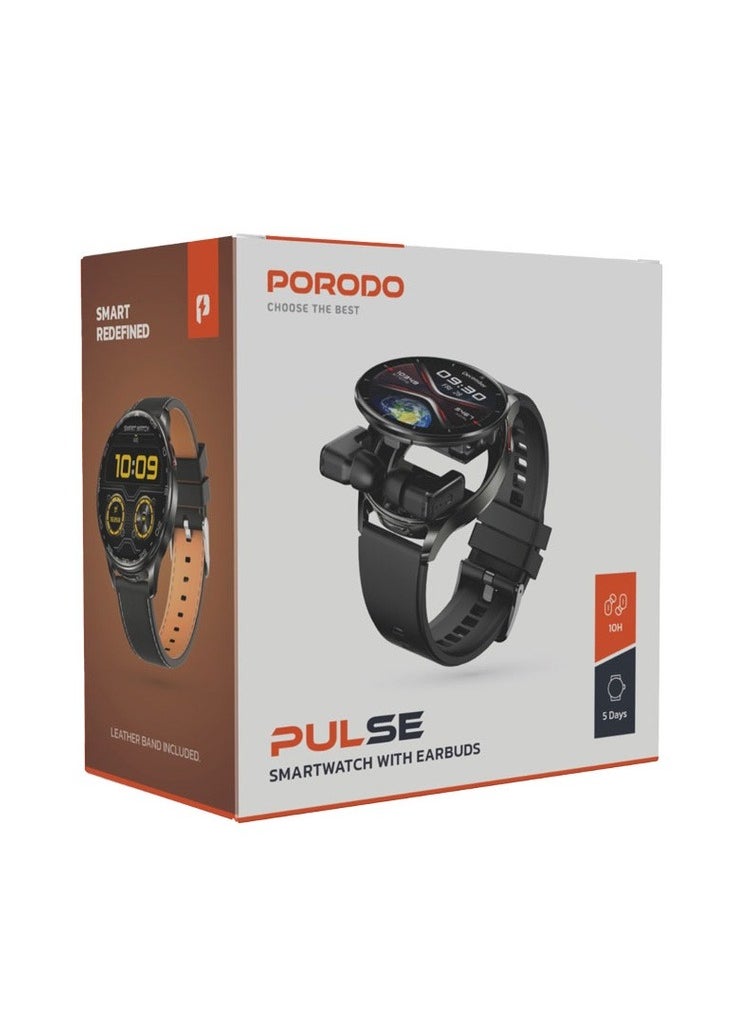 porodo - Pulse Smart Watch Black dial with Earbuds and Black Leather Band - Image 1