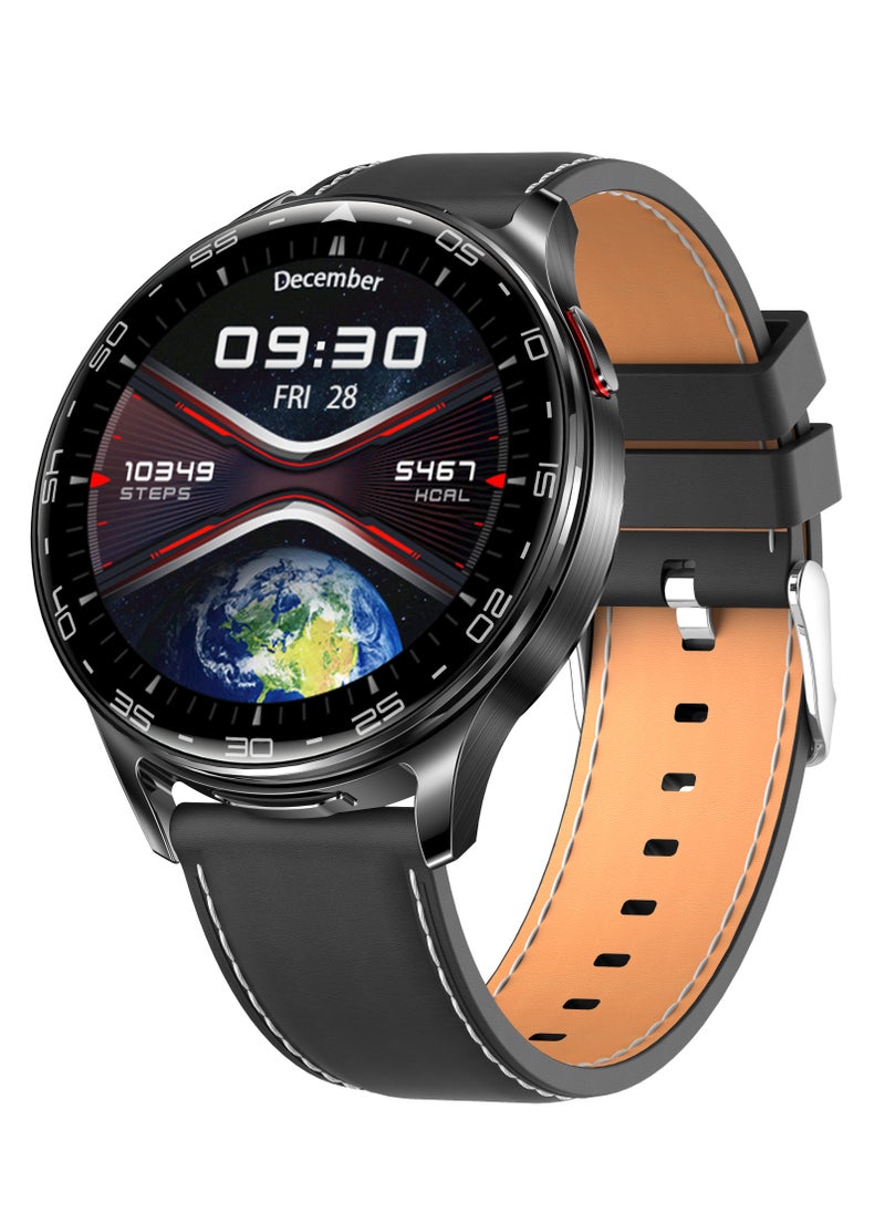 porodo - Pulse Smart Watch Black dial with Earbuds and Black Leather Band - Image 1