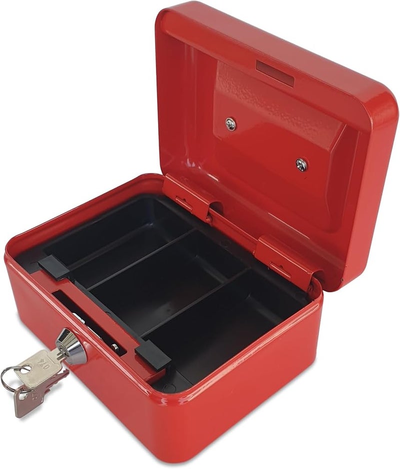 Maxi Small Cash Box (6 Inch 152x115x80mm) Steel Register with Tray and Lock Durable Portable Money Box Safe for Bills Jewelry Receipts Coins Red - Image 2