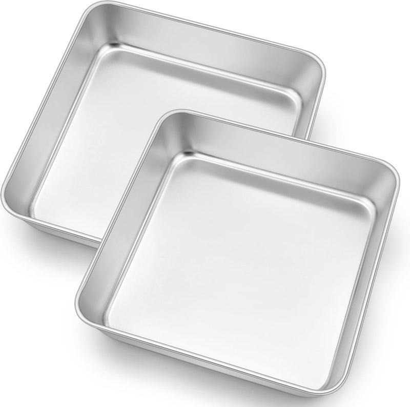 E-far 9x9 Inch Square Cake Pans Set of 2, Stainless Steel Baking Pan for Lasagna Brownies Casseroles, Silver Square Bakeware for Oven Cooking, Non-Toxic & Rust Free, Dishwasher Safe, 2 Inch deep - Image 1