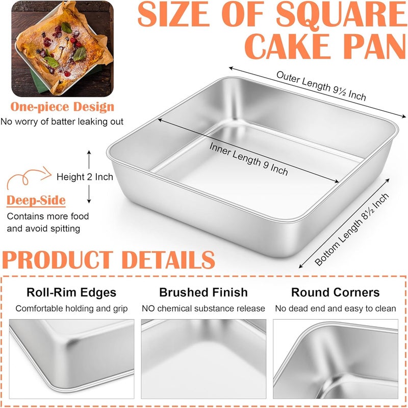 E-far 9x9 Inch Square Cake Pans Set of 2, Stainless Steel Baking Pan for Lasagna Brownies Casseroles, Silver Square Bakeware for Oven Cooking, Non-Toxic & Rust Free, Dishwasher Safe, 2 Inch deep - Image 2