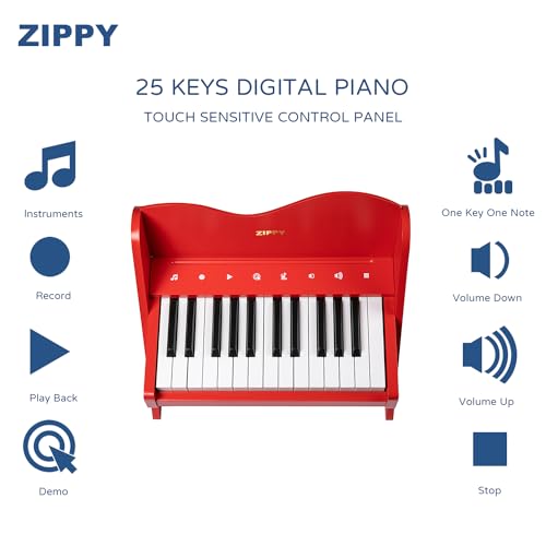 ZIPPY Kids Piano Keyboard 25 Keys Digital Piano for Kids Touch Sensitive Control Panel Volume Adjustable Mini Music Educational Instrument Toy Wood Toy for Toddlers Girls Boys Red - Image 5
