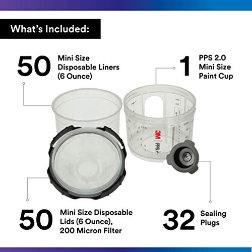 3M PPS 2.0 Spray Gun Cup, Lids and Liners Kit, 26114, Mini, 6 Ounces, 200-Micron Filter, Use for Cars, Furniture, House and More, 1 Paint Cup, 50 Disposable Lids and Liners, 32 Sealing Plugs, White - Image 2