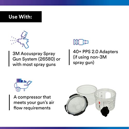 3M PPS 2.0 Spray Gun Cup, Lids and Liners Kit, 26114, Mini, 6 Ounces, 200-Micron Filter, Use for Cars, Furniture, House and More, 1 Paint Cup, 50 Disposable Lids and Liners, 32 Sealing Plugs, White - Image 3