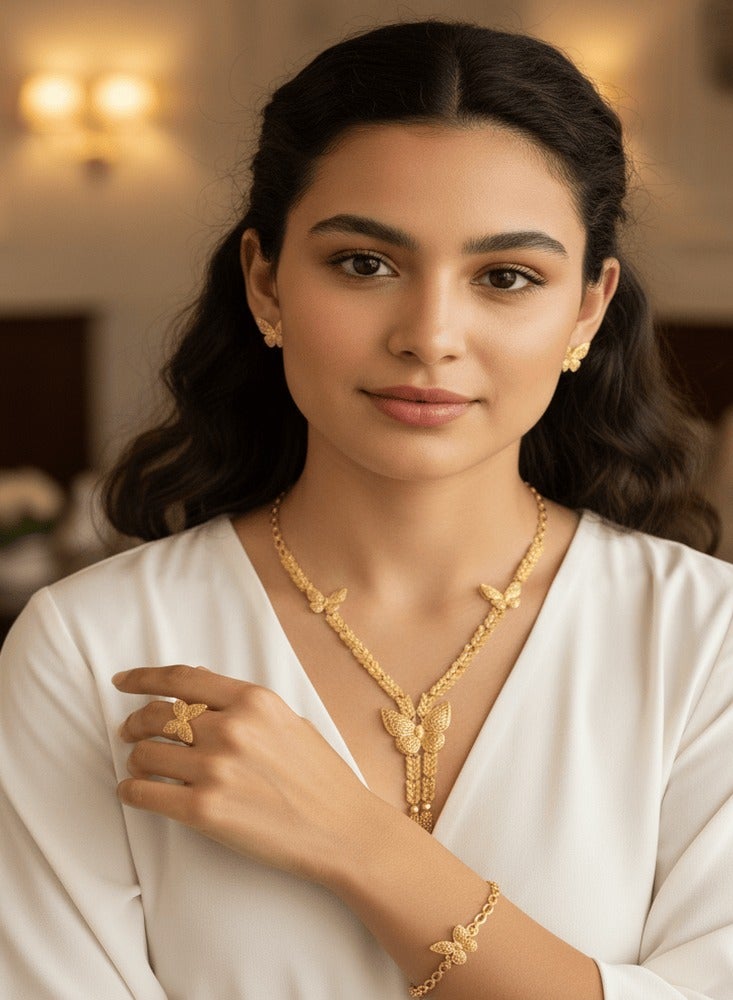 World Luxury Gold-Plated Alternative Jewelry Set with Butterfly Design: Necklace, Bracelet, Earrings, and Ring - Image 1