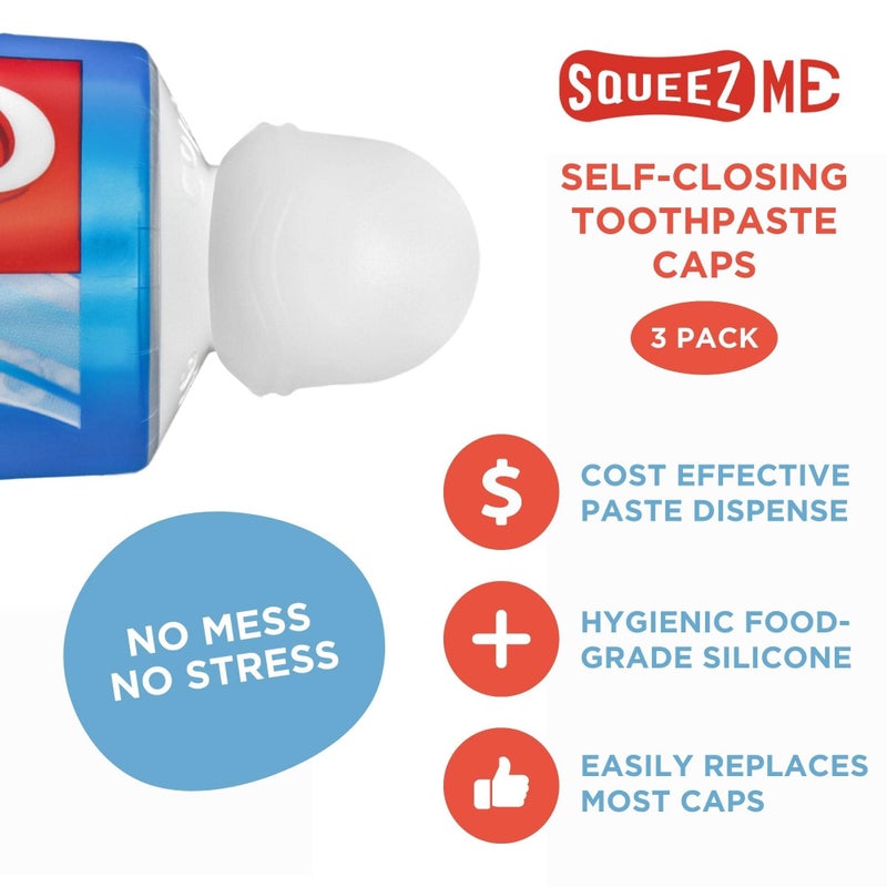 Chrome Cherry Toothpaste Caps SqueezMe by Chrome Cherry, Self-Closing Silicone Caps, Mess-Free Toothpaste Dispenser Squeezer Lids for Kids, Adults, Bathroom Accessories for Tooth and Gum Health (Clear 3-Pack) - Image 2