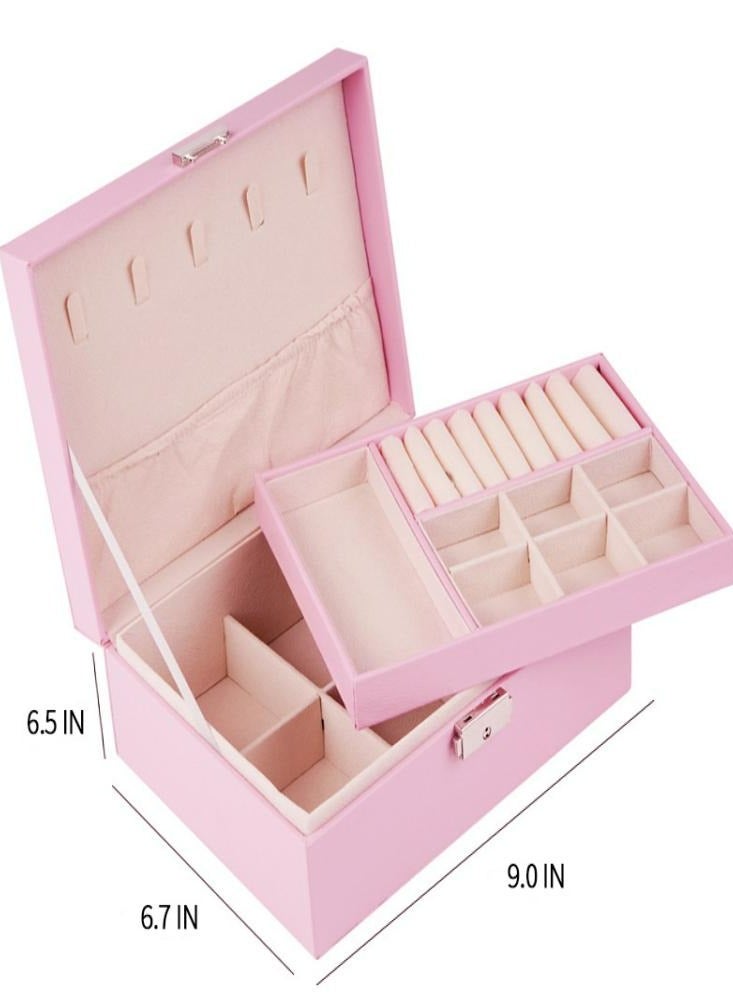 Oasisgalore Pink Leather Jewelry Box with Double Layers, Lock, and Removable Tray for Earrings, Necklace, Ring - Image 2