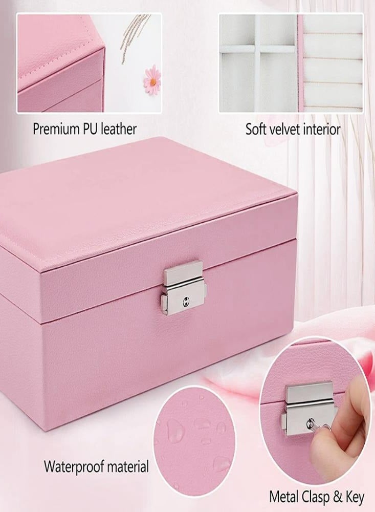 Oasisgalore Pink Leather Jewelry Box with Double Layers, Lock, and Removable Tray for Earrings, Necklace, Ring - Image 3