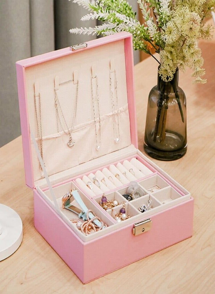 Oasisgalore Pink Leather Jewelry Box with Double Layers, Lock, and Removable Tray for Earrings, Necklace, Ring - Image 4