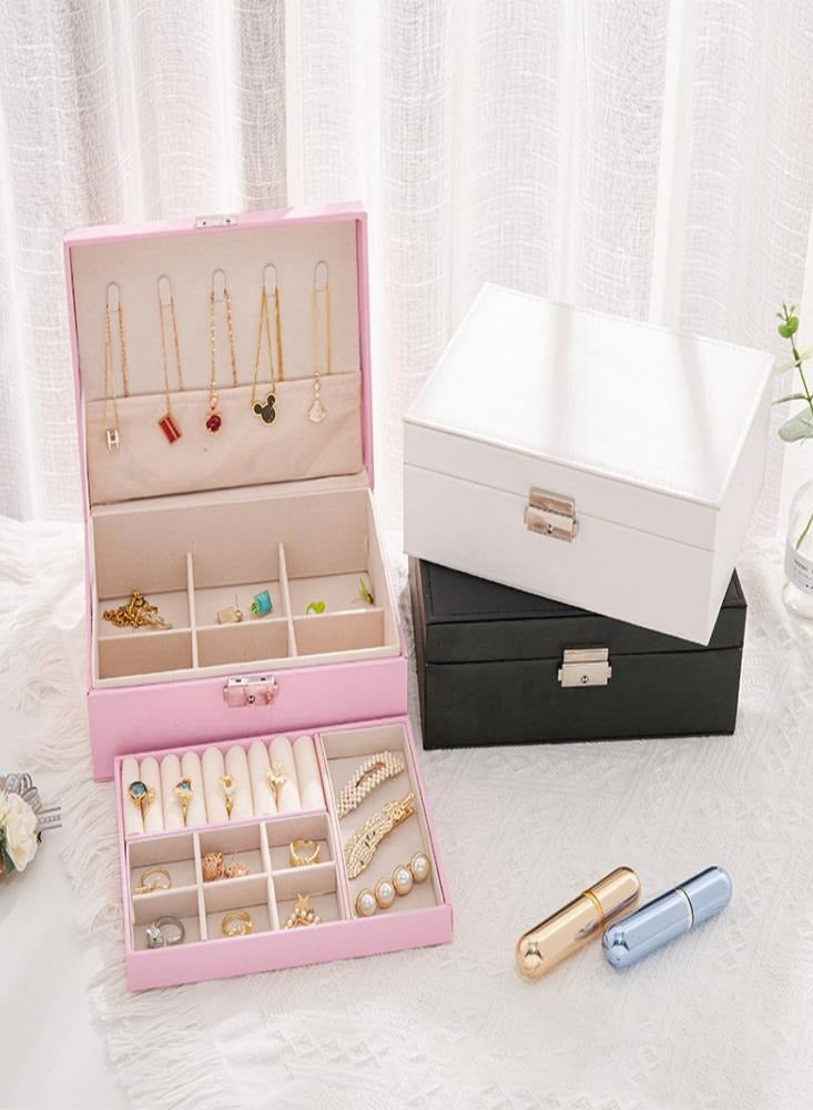Oasisgalore Pink Leather Jewelry Box with Double Layers, Lock, and Removable Tray for Earrings, Necklace, Ring - Image 5