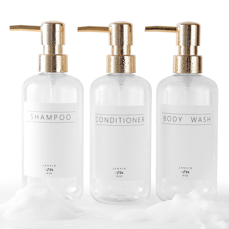 Janxin Janxin Shampoo and Conditioner Dispenser Set of 3Modern Refillable 16oz Shampoo and Conditioner Bottles with PumpStylish Shower Soap Dispenser with Waterproof Labels for BathroomClear
