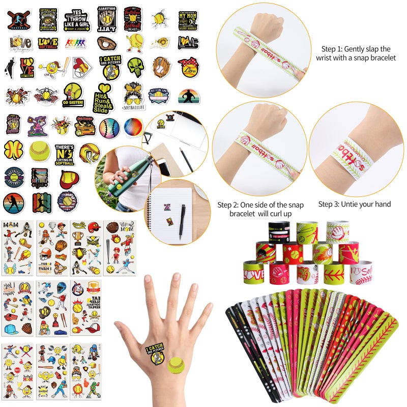 Kolewo4Ever 295 Pieces Softball Party Favors Softball Themed Birthday Gift Goodie Bags Party Faovrs 24 Set Mini Foam Stress Balls Slap Bracelet  Keychain  Charm Bracelets (Softball) - Image 5