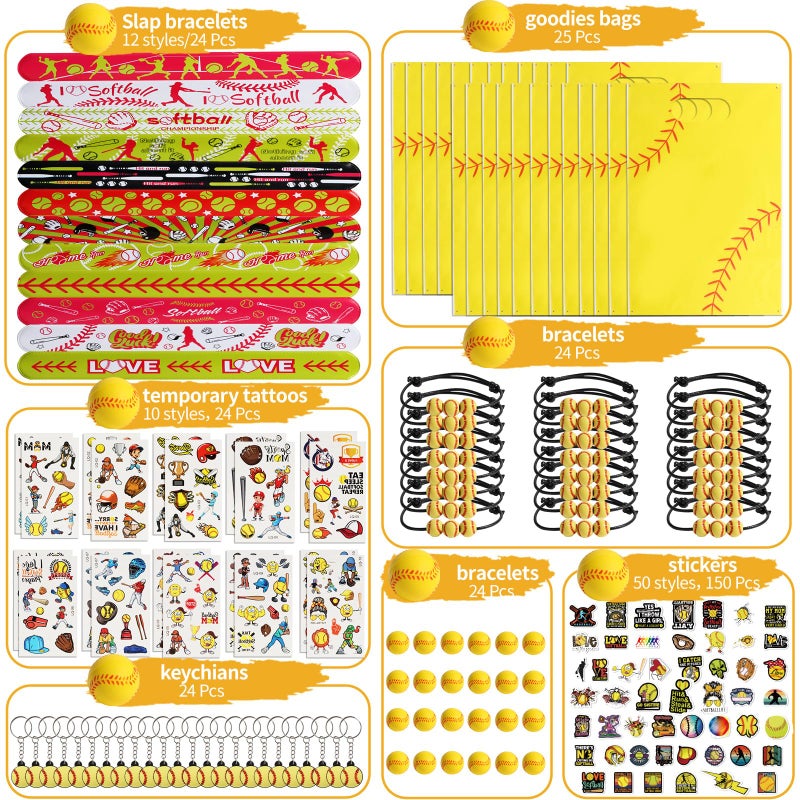 Kolewo4Ever 295 Pieces Softball Party Favors Softball Themed Birthday Gift Goodie Bags Party Faovrs 24 Set Mini Foam Stress Balls Slap Bracelet  Keychain  Charm Bracelets (Softball) - Image 3