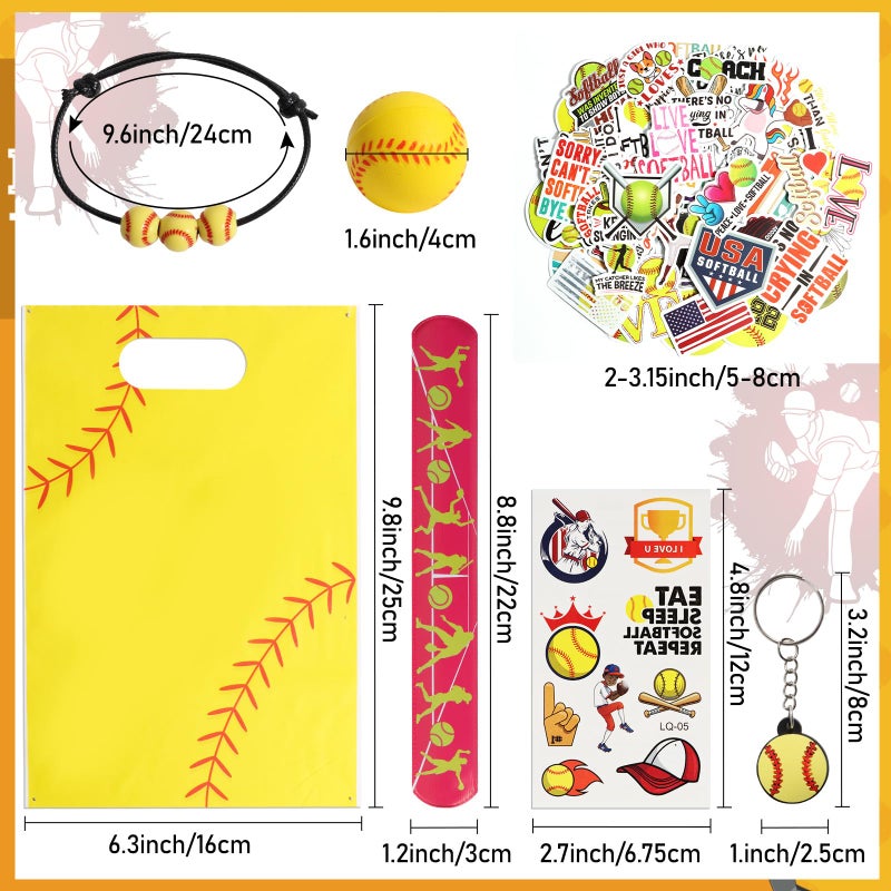 Kolewo4Ever 295 Pieces Softball Party Favors Softball Themed Birthday Gift Goodie Bags Party Faovrs 24 Set Mini Foam Stress Balls Slap Bracelet  Keychain  Charm Bracelets (Softball) - Image 2