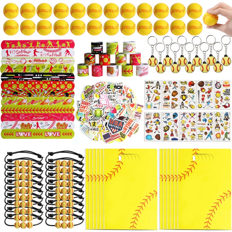 Kolewo4Ever 295 Pieces Softball Party Favors Softball Themed Birthday Gift Goodie Bags Party Faovrs 24 Set Mini Foam Stress Balls Slap Bracelet  Keychain  Charm Bracelets (Softball) - Image 1