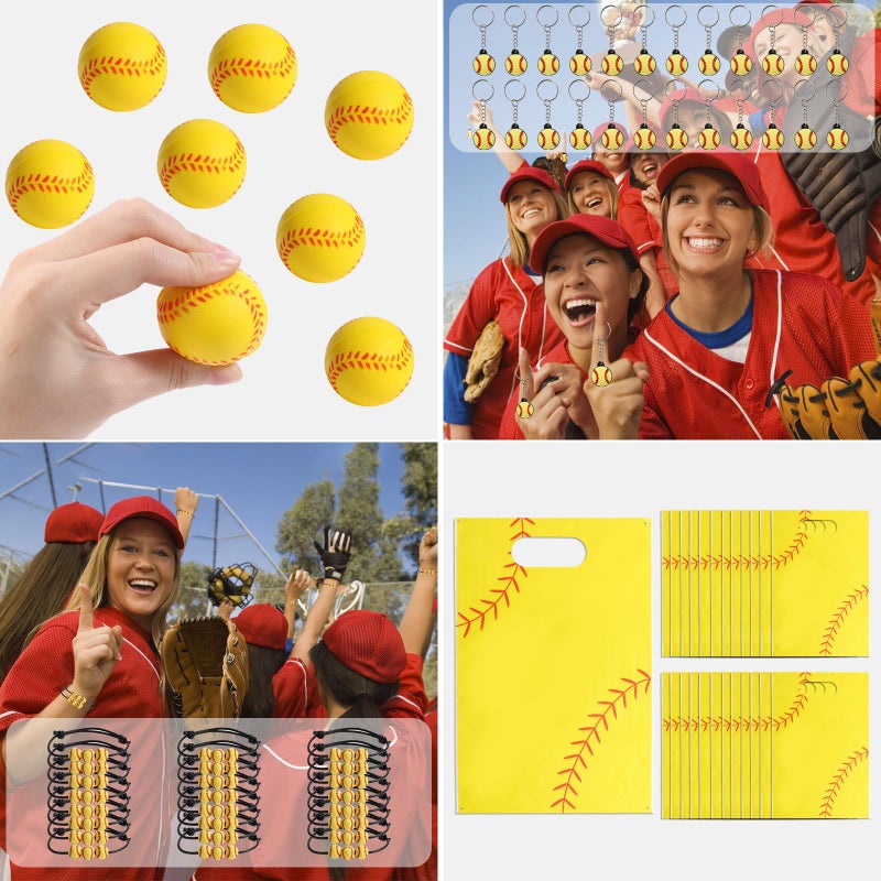 Kolewo4Ever 295 Pieces Softball Party Favors Softball Themed Birthday Gift Goodie Bags Party Faovrs 24 Set Mini Foam Stress Balls Slap Bracelet  Keychain  Charm Bracelets (Softball) - Image 4