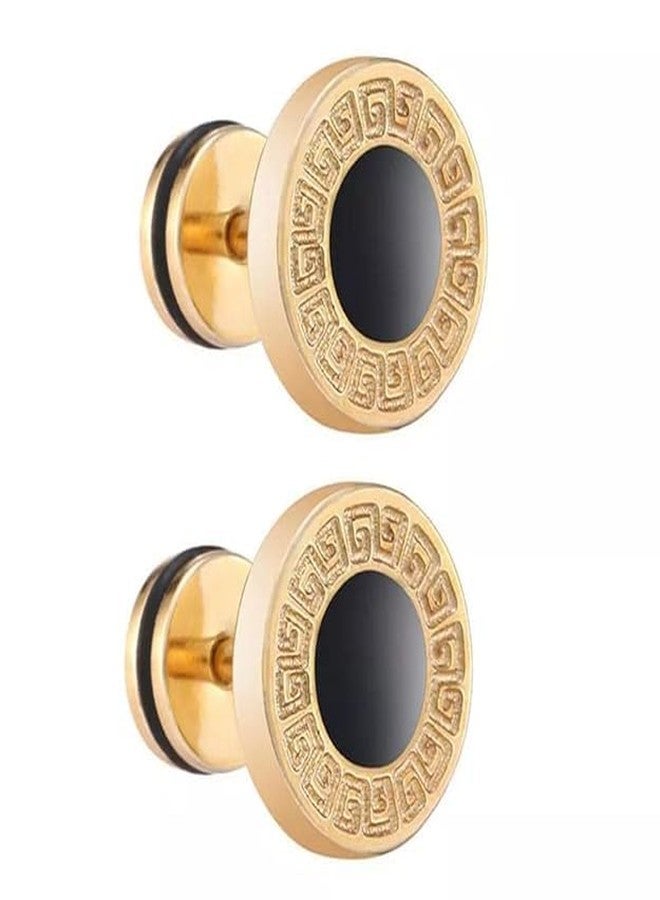 COMMON ETAIL Gold Stainless Steel Black Round Stud Earrings for Men - Image 1