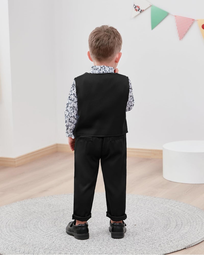 WESIDOM Toddler Dresses Suit Baby Boy Clothes Set Bowtie Shirts+Pants+Vest+Boutonniere Kids Gentleman Wedding Outfit(Black+2-3T) - Image 3