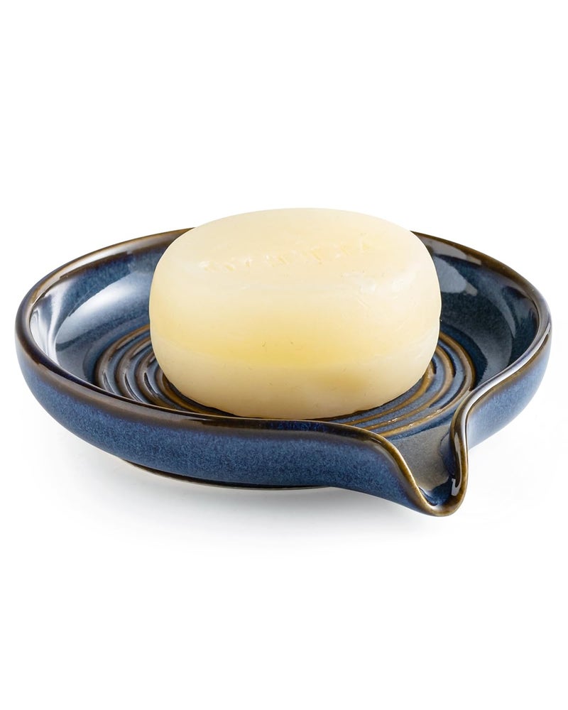 Zoeeker Soap Dishes, Ceramic Shower Soap Dish with Waterfall Design Bar Soap Holder Self Draining Soap Saver for Shower, Bathroom, Sink, Kitchen and Countertop, Blue - Image 1