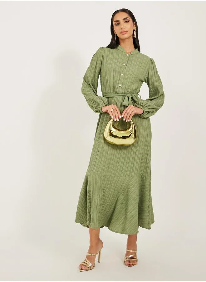 ستايلي Styli Textured Cuffed Sleeves A-Line Maxi Dress