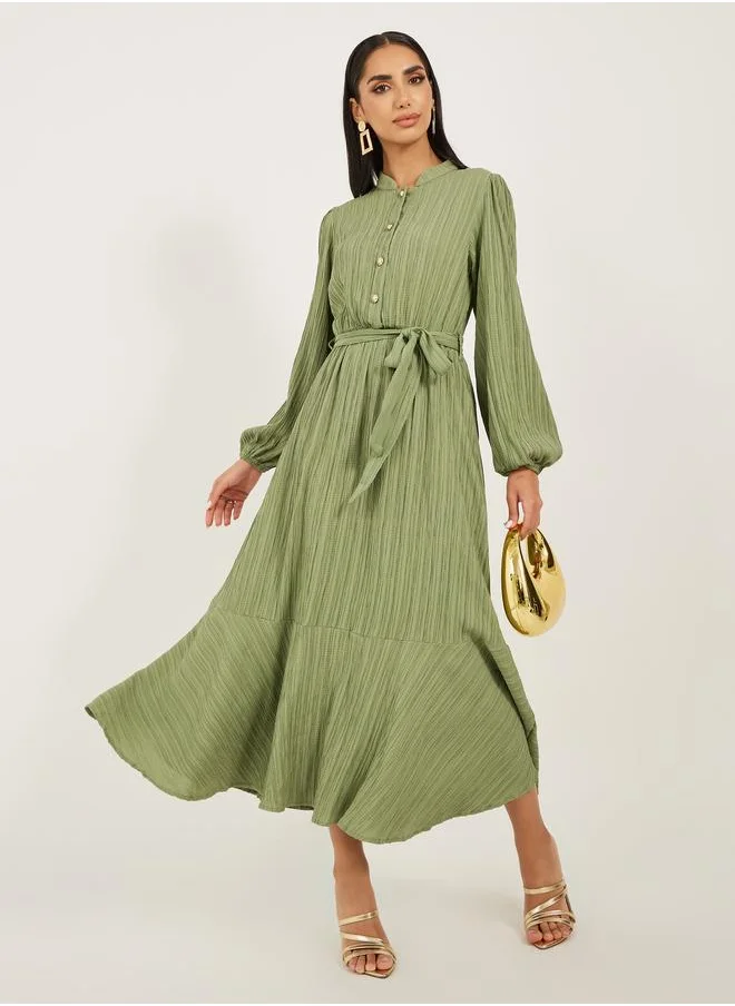 ستايلي Styli Textured Cuffed Sleeves A-Line Maxi Dress
