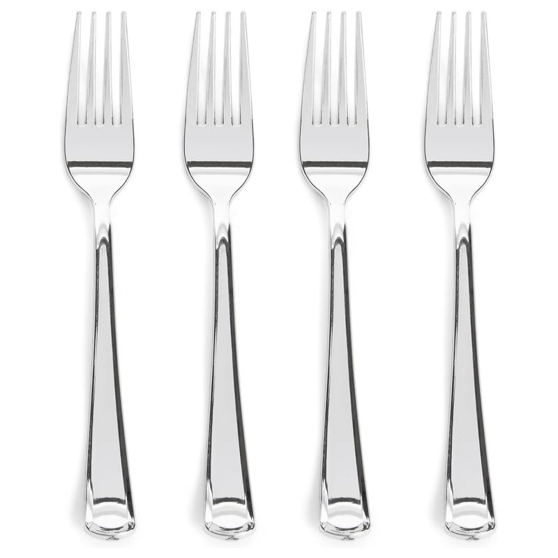 Prestee 300 Plastic Forks Heavy-Duty  Heavyweight Silverware Forks  Fancy Plastic Cutlery  Elegant Disposable Forks Pack  Bulk Disposable Flatware  Silver Forks for Christmas Holiday (Silver) - Image 1
