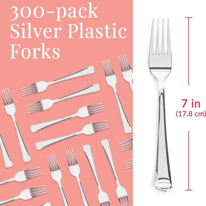 Prestee 300 Plastic Forks Heavy-Duty  Heavyweight Silverware Forks  Fancy Plastic Cutlery  Elegant Disposable Forks Pack  Bulk Disposable Flatware  Silver Forks for Christmas Holiday (Silver) - Image 3