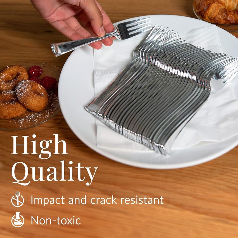 Prestee 300 Plastic Forks Heavy-Duty  Heavyweight Silverware Forks  Fancy Plastic Cutlery  Elegant Disposable Forks Pack  Bulk Disposable Flatware  Silver Forks for Christmas Holiday (Silver) - Image 4