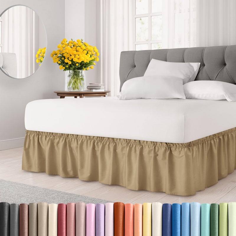 Wrap Around Dust Ruffle Bed Skirt - Beige - Bed Skirt for Full Size Beds with 24 in. Drop - Easy Fit Elastic Strap - Pleated Bedskirt with Brushed Fabric - Wrinkle Free  Machine Wash - by CGK Linens
