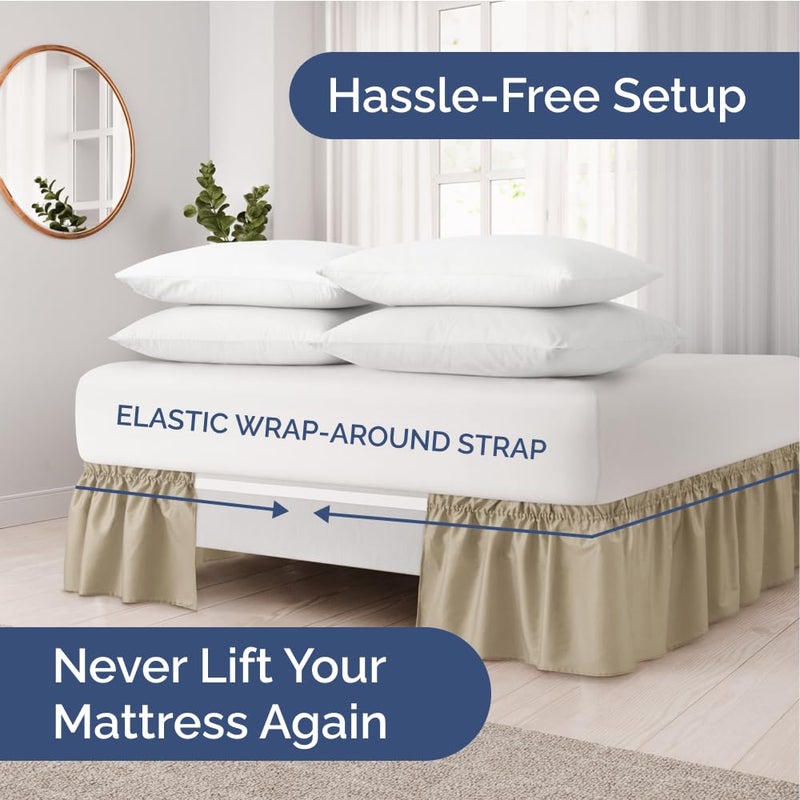 Wrap Around Dust Ruffle Bed Skirt - Beige - Bed Skirt for Full Size Beds with 24 in. Drop - Easy Fit Elastic Strap - Pleated Bedskirt with Brushed Fabric - Wrinkle Free  Machine Wash - by CGK Linens