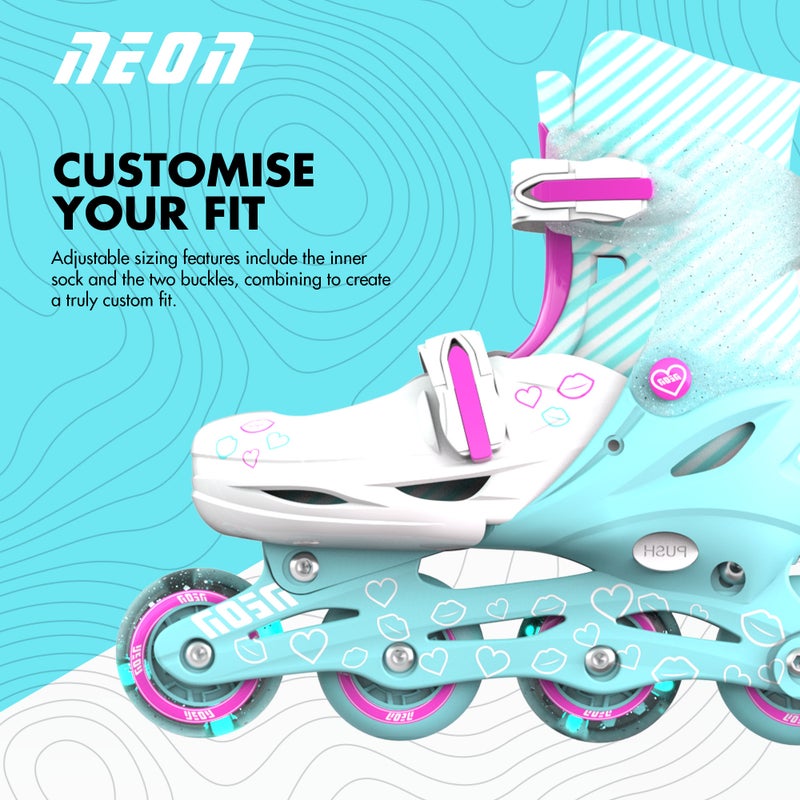 Neon زلاجات يوفولوشن نيون كومبو 2 في 1 - أزرق مائل إلى الأخضر | زلاجات أطفال قابلة للتعديل | تتحول من وضع التعلم إلى وضع الزلاجات المتسلسلة | لا حاجة لأدوات | المقاسات الأمريكية 3-6 (NT10T4) - Image 5