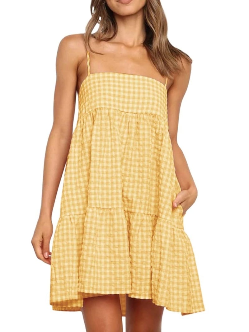 Wenrine Womens Summer Plaid Mini Dress Casual Spaghetti Strap Sleeveless A Line Beach Sundress with Pockets Yellow - Image 1
