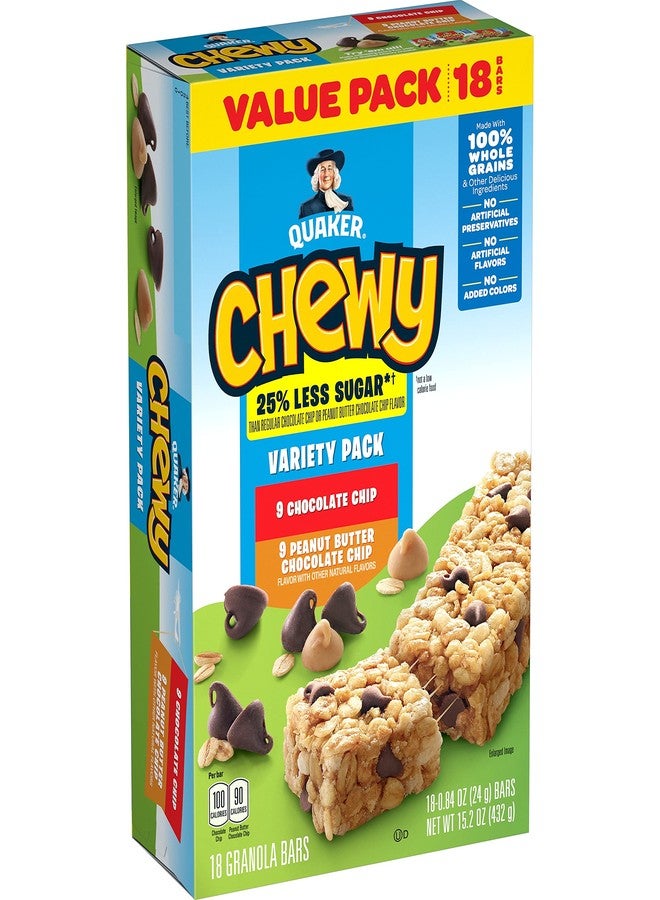 Quaker Chewy Granola Bars, 25% Less Sugar, 2 Flavor Variety Pack, (18 Pack) - Image 1