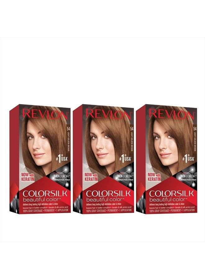 Revlon Colorsilk Beautiful Color Permanent Hair Color with 3D Gel Technology & Keratin, 100% Gray Coverage Hair Dye, 54 Light Golden Brown, 3 Pack - Image 1