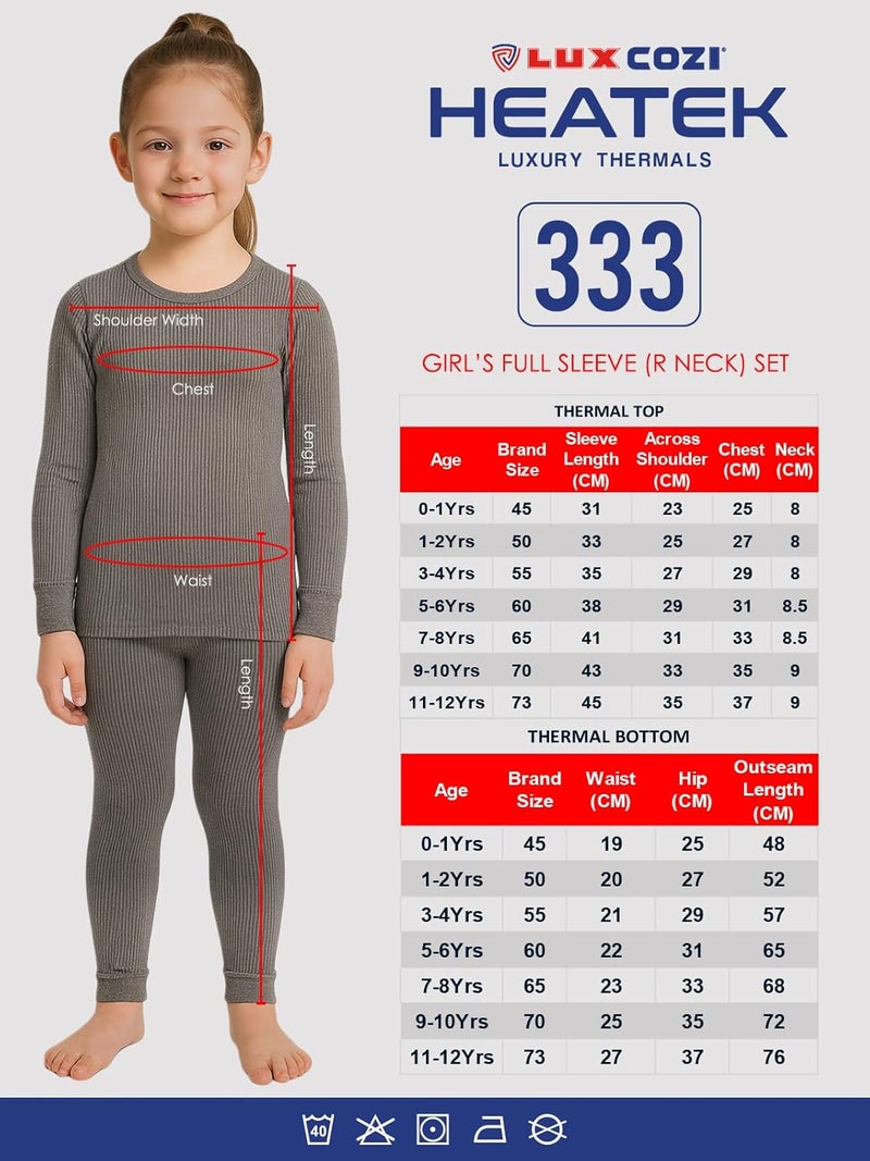 Lux Cozi HEATEK Girl's Charcoal Melange Round Neck Full Sleeves Thermal Top and Bottom Set | Thermal Set for Girls | Style - 333 - Image 2