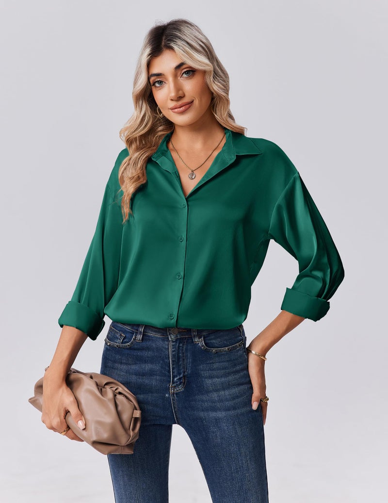 Zeagoo Button Down Shirts for Women Casual Satin Silk Blouses Long Sleevve Collared Top Elegant Work Clothes Dark Green - Image 3