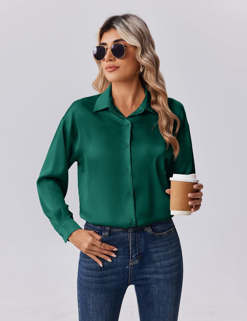 Zeagoo Button Down Shirts for Women Casual Satin Silk Blouses Long Sleevve Collared Top Elegant Work Clothes Dark Green - Image 5