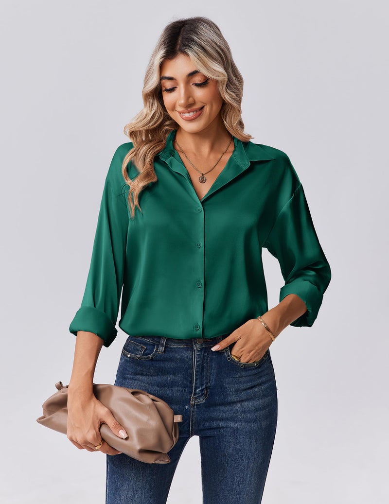 Zeagoo Button Down Shirts for Women Casual Satin Silk Blouses Long Sleevve Collared Top Elegant Work Clothes Dark Green - Image 4