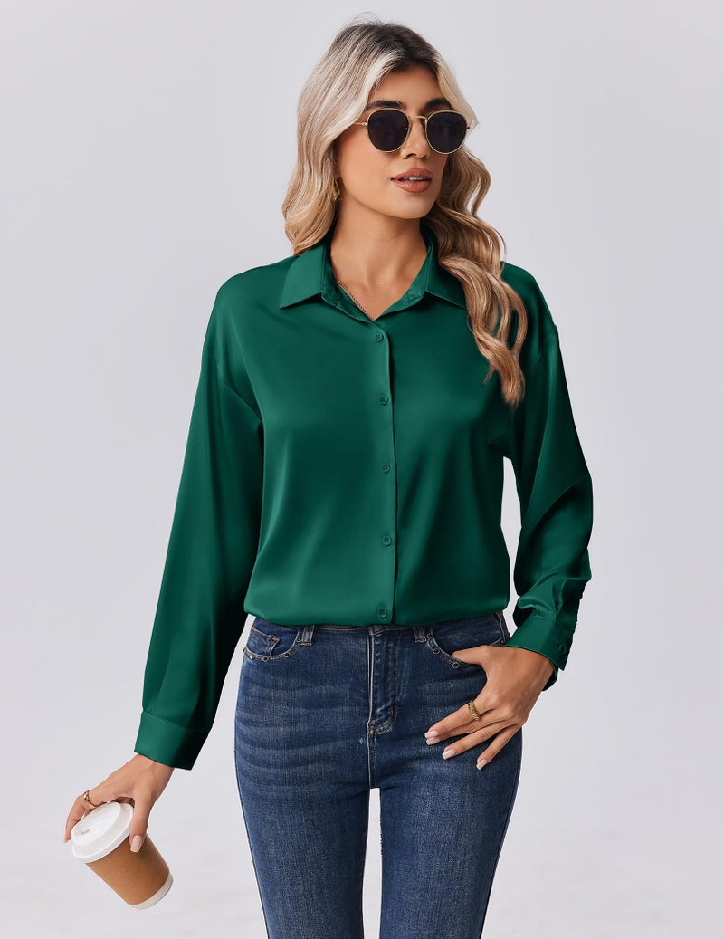 Zeagoo Button Down Shirts for Women Casual Satin Silk Blouses Long Sleevve Collared Top Elegant Work Clothes Dark Green - Image 2