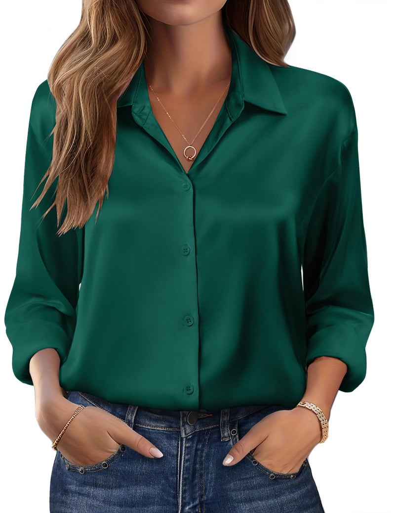 Zeagoo Button Down Shirts for Women Casual Satin Silk Blouses Long Sleevve Collared Top Elegant Work Clothes Dark Green - Image 1