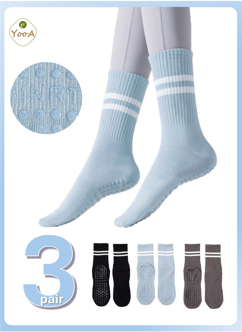 YooA 3-Pair Non-slip Yoga Socks, Cotton Pilates Socks with 3D Silicone Particles, Breathable&Moisture-wicking&Machine-washable, Ideal for Yoga/Pilates/Ballet/Dance/Workout (Blue+Black+Grey)  - Image 1