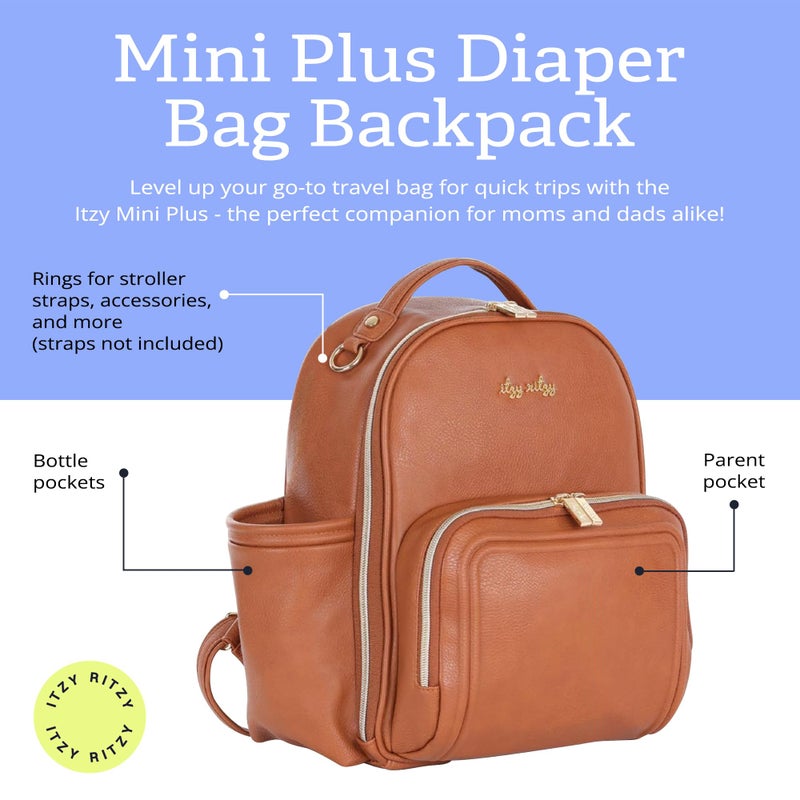 Itzy Ritzy Itzy Ritzy Mini Plus Diaper Bag Backpack – Chic Mini Diaper Bag with Changing Pad, 10 Total Pockets (6 Internal and 4 External), Grab-Top Handle and Rubber Feet (Cognac) - Image 2