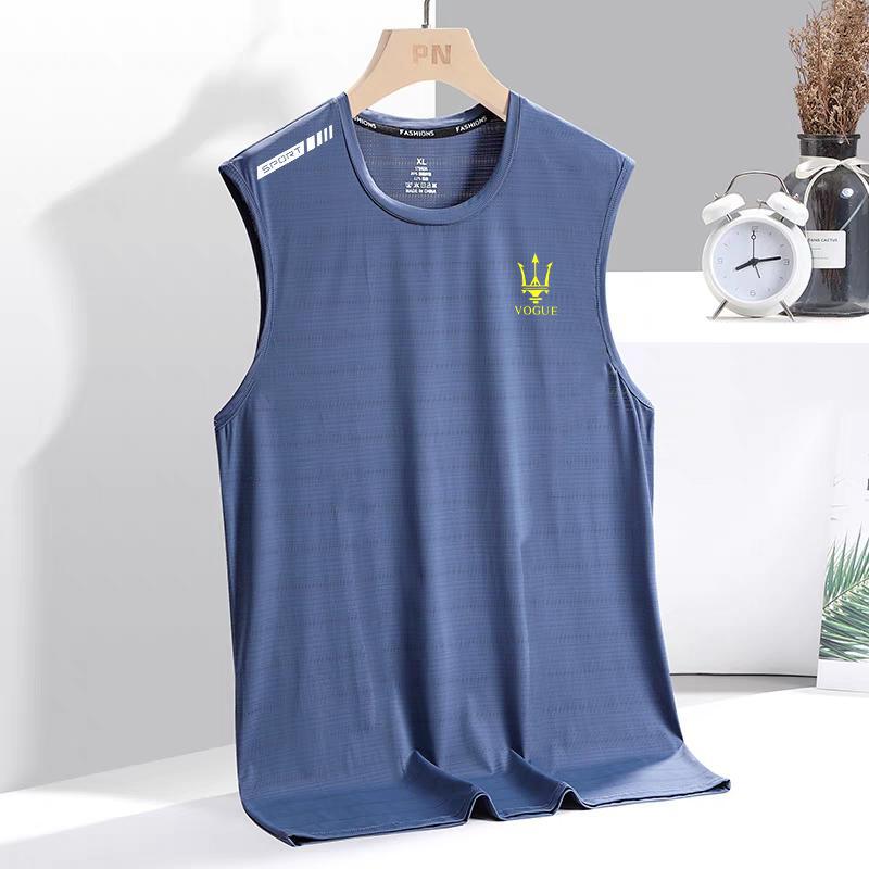 Ice Silk Vest Mens Summer Quick-drying Cut-off Sleeve Mesh Sleeveless T-shirt plus size Mens Loose Hurdling Sports Cross Sleeve Trident [haze blue]] 