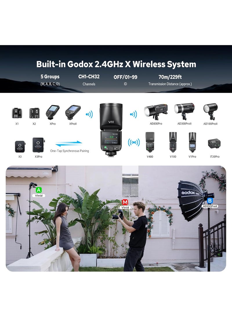 Godox V1 Mid S Flash for Sony, 55Ws 2.4G TTL Round Head Touchscreen Speedlite for Sony HSS 1/8000s, 2200mAh Li-ion Battery, 650 Full Power Shots, 1.7s Recycle Time, 10 Level LED Modeling Lamp - Image 5