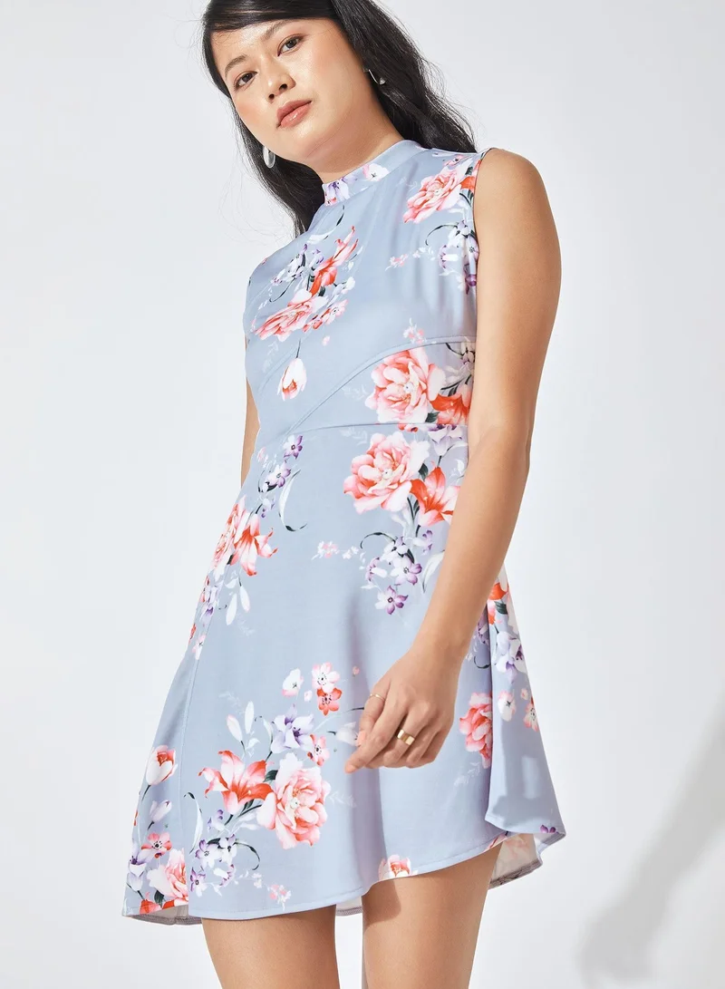 The Label Life The Label Life Women's A-Line Floral Mini Dress with High Collar - Light Blue